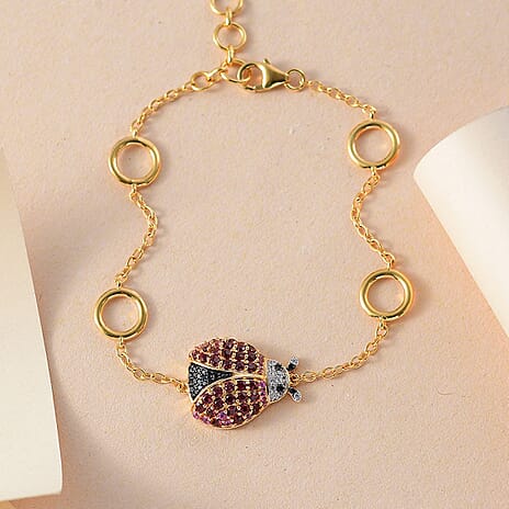 GP Italian Garden Collection - Lady Luck Rose & Lotus Garnet, Black Spinel & Zircon Ladybug Bracelet (Size 7.5) in 18K Vermeil Yellow Gold Plated Sterling Silver 2.36 Ct