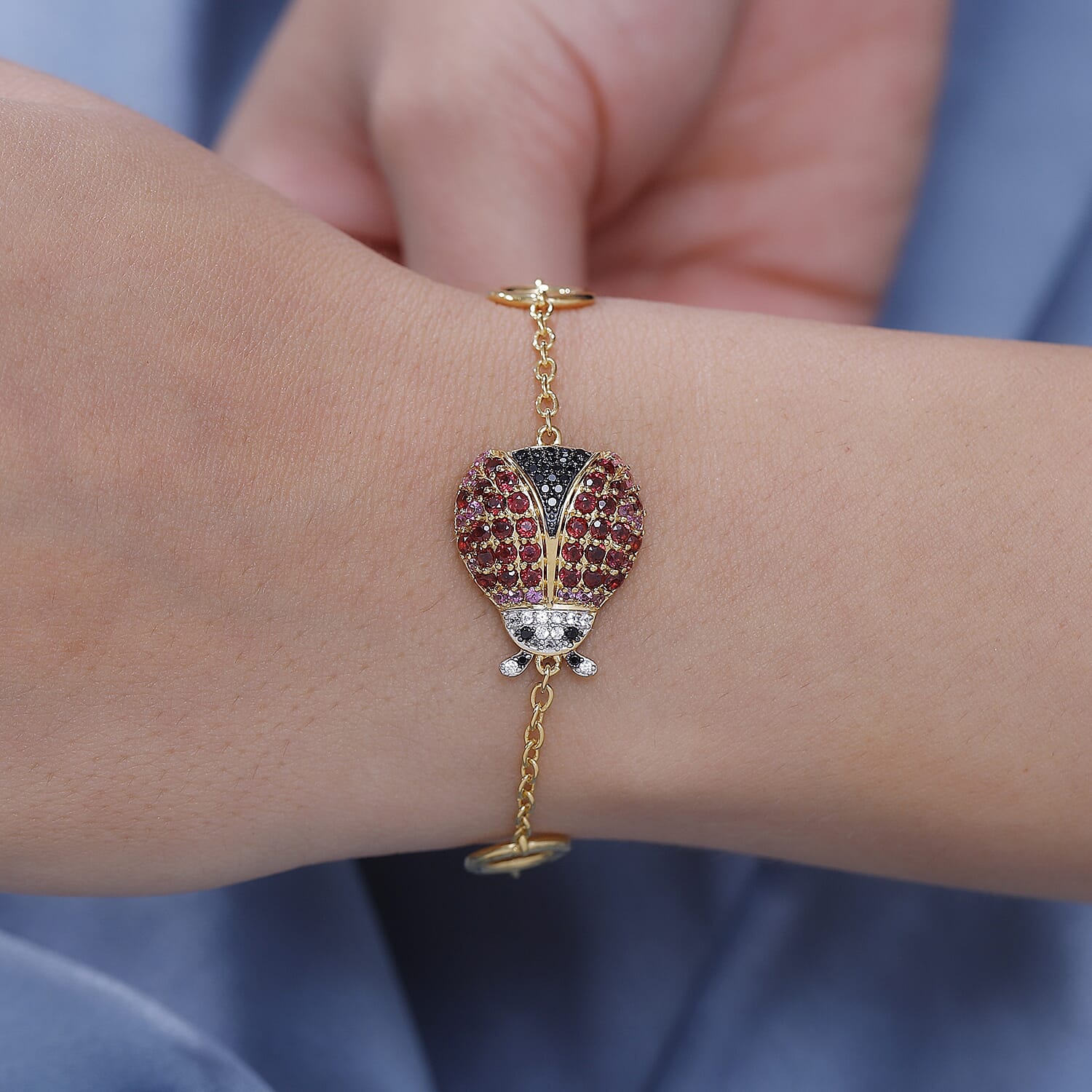 GP Italian Garden Collection - Lady Luck Rose & Lotus Garnet, Black Spinel & Zircon Ladybug Bracelet (Size 7.5) in 18K Gold Vermeil Sterling Silver