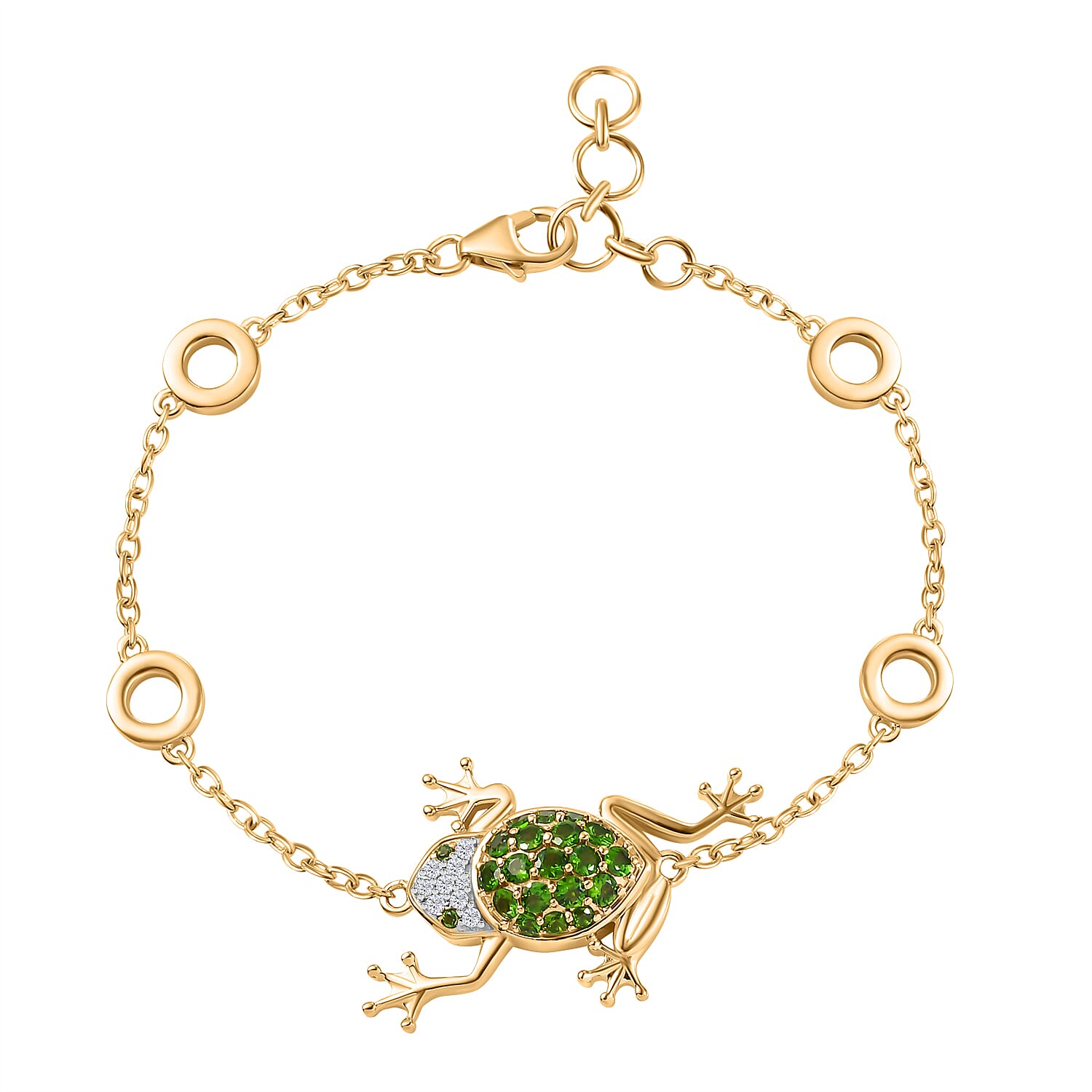 GP Natural Chrome Diopside, Blue Sapphire & White Zircon Chain Bracelet (Size - 7-1 Inch Ext) in 18K Vermeil Yellow Gold Sterling Silver 1.27 Ct,
