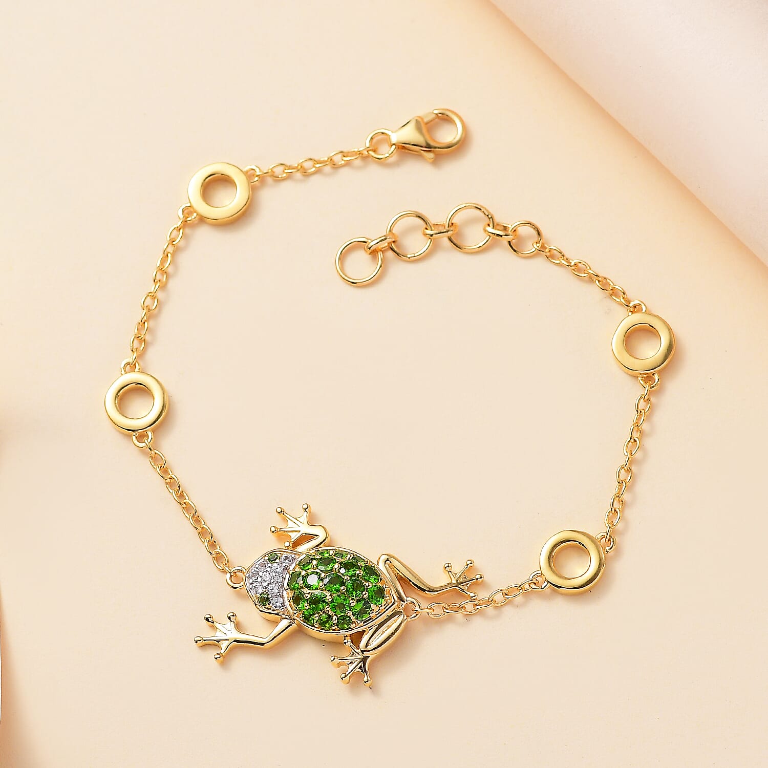GP Natural Chrome Diopside, Blue Sapphire & White Zircon Chain Bracelet (Size - 7-1 Inch Ext) in 18K Vermeil Yellow Gold Sterling Silver 1.27 Ct,