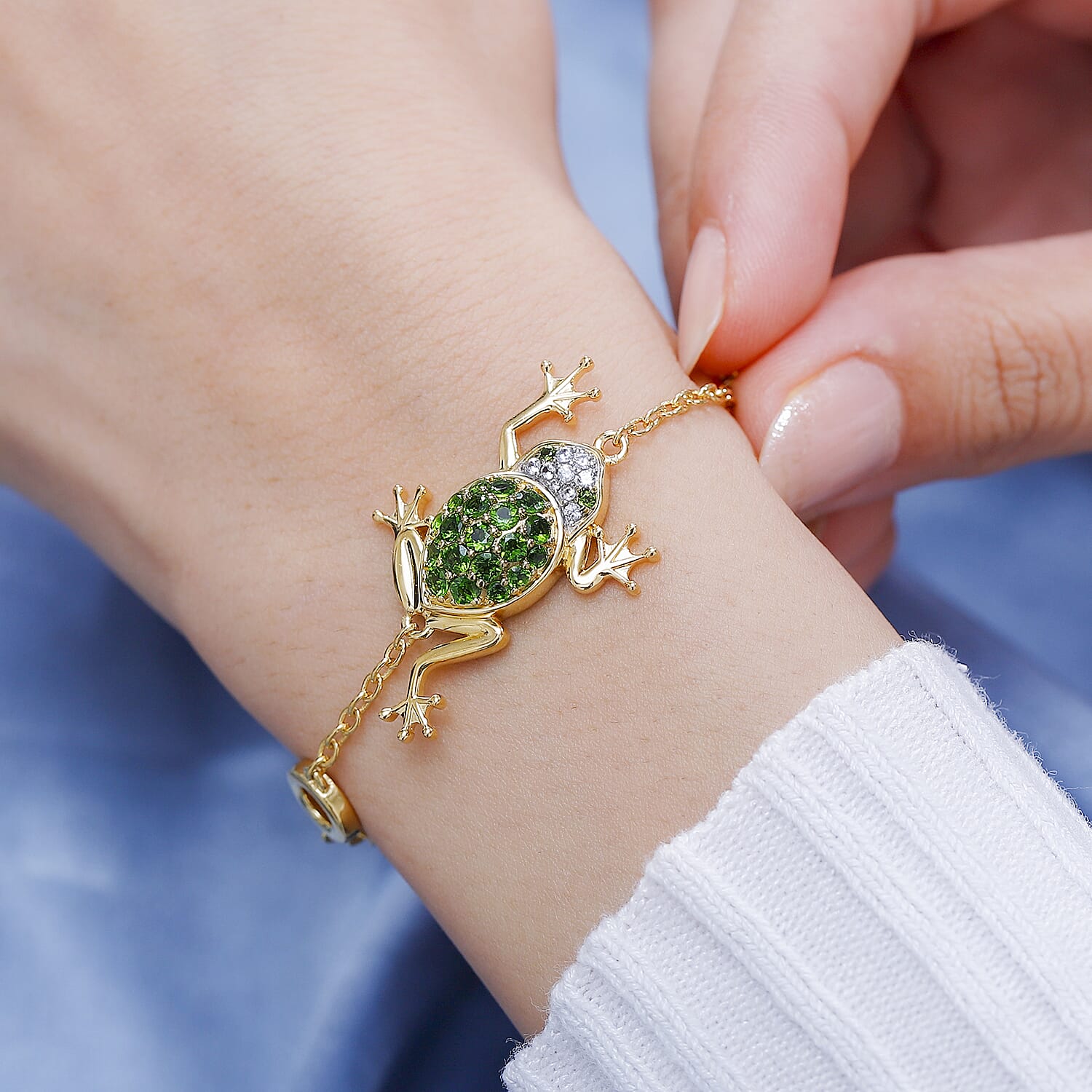 GP Natural Chrome Diopside, Blue Sapphire & White Zircon Chain Bracelet (Size - 7-1 Inch Ext) in 18K Vermeil Yellow Gold Sterling Silver 1.27 Ct,