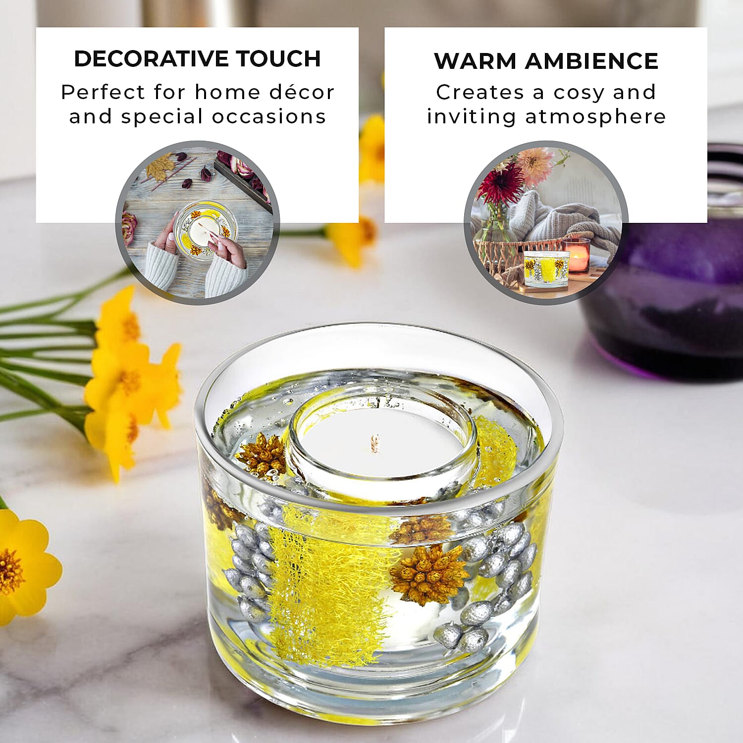 Decorative Gel Candle with Glowing Effect and Embedded Flowers (200g) 