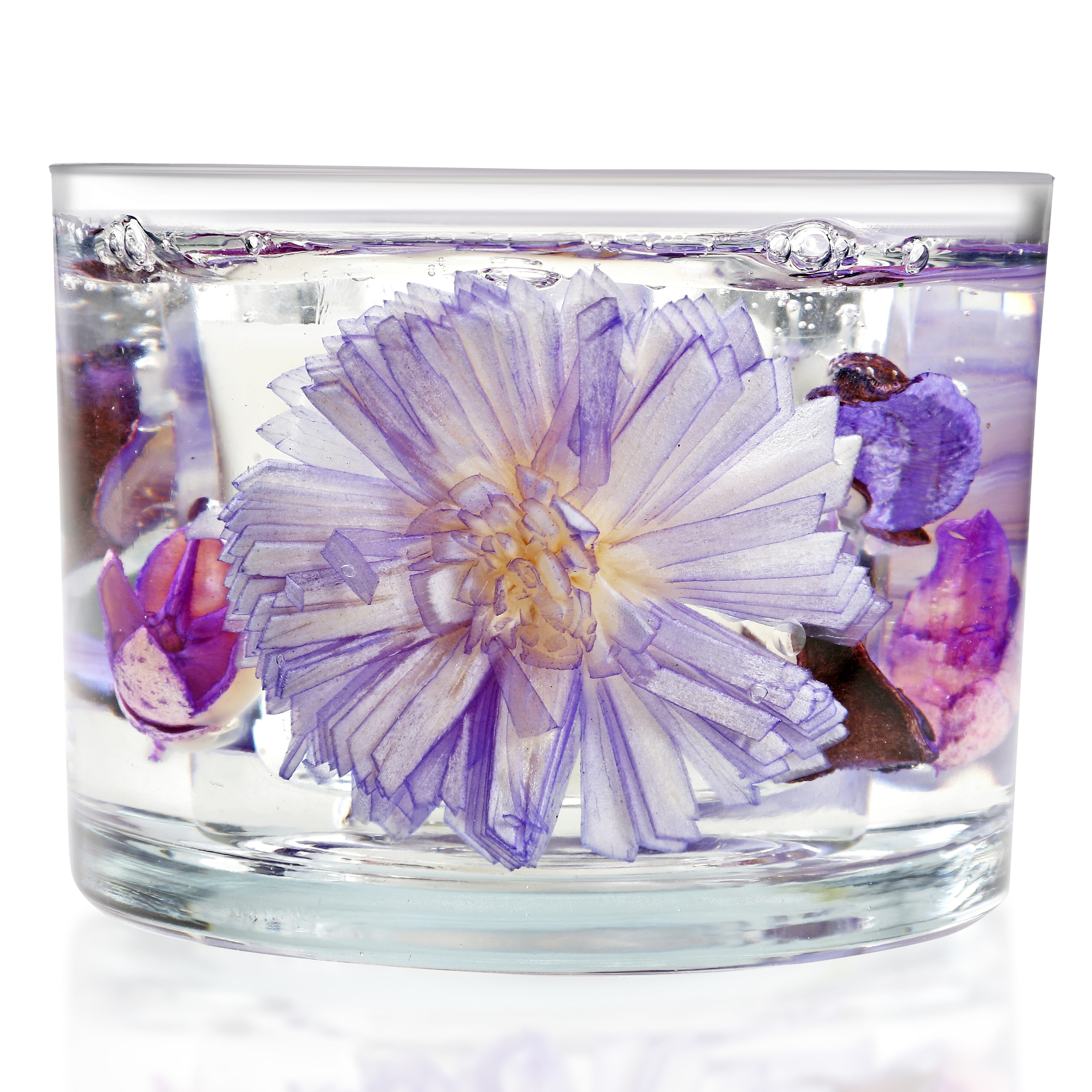Decorative Gel Candle with Glowing Effect and Embedded Flowers (200gm) - Lavender