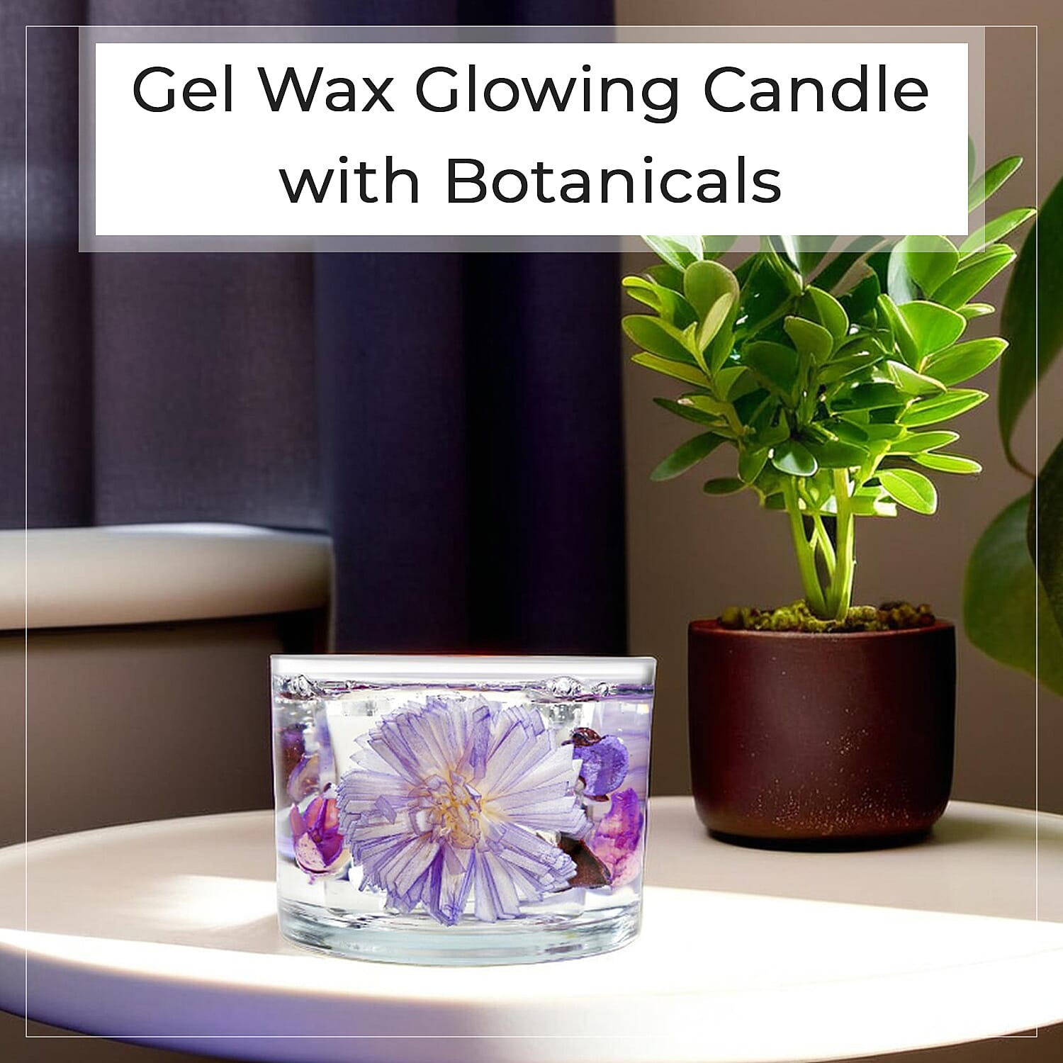 Decorative Gel Candle with Glowing Effect and Embedded Flowers (200gm) - Lavender