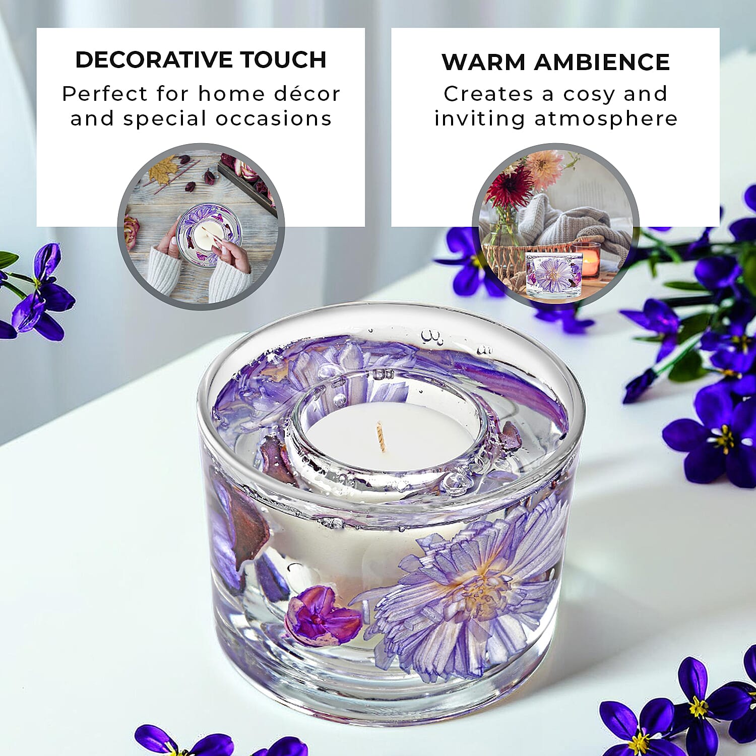 Decorative Gel Candle with Glowing Effect and Embedded Flowers (200gm) - Lavender