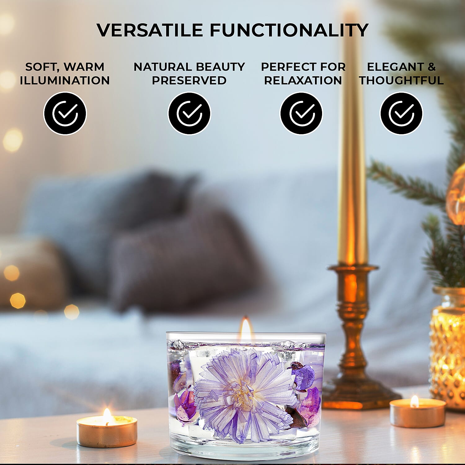 Decorative Gel Candle with Glowing Effect and Embedded Flowers (200gm) - Lavender