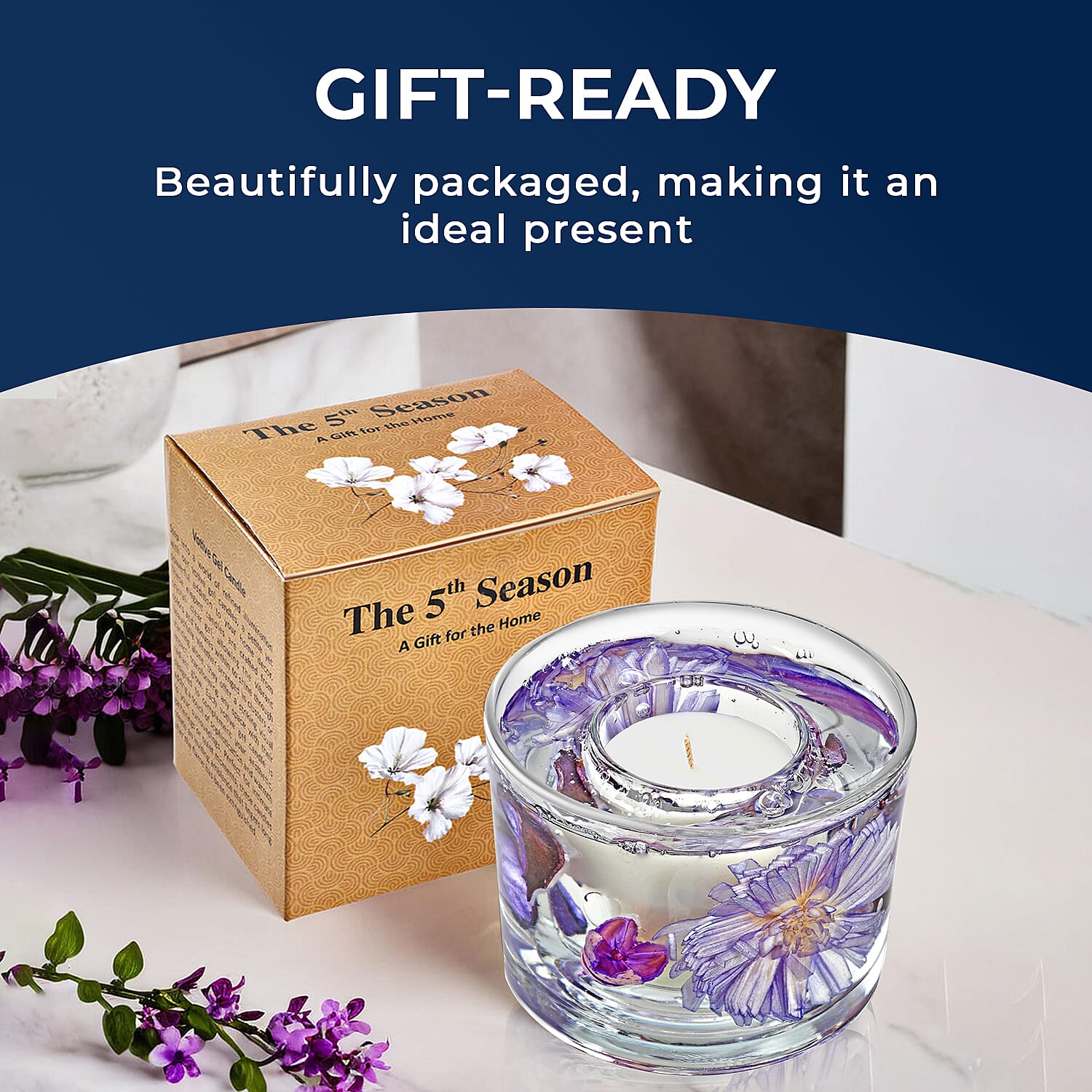 Decorative Gel Candle with Glowing Effect and Embedded Flowers (200gm) - Lavender