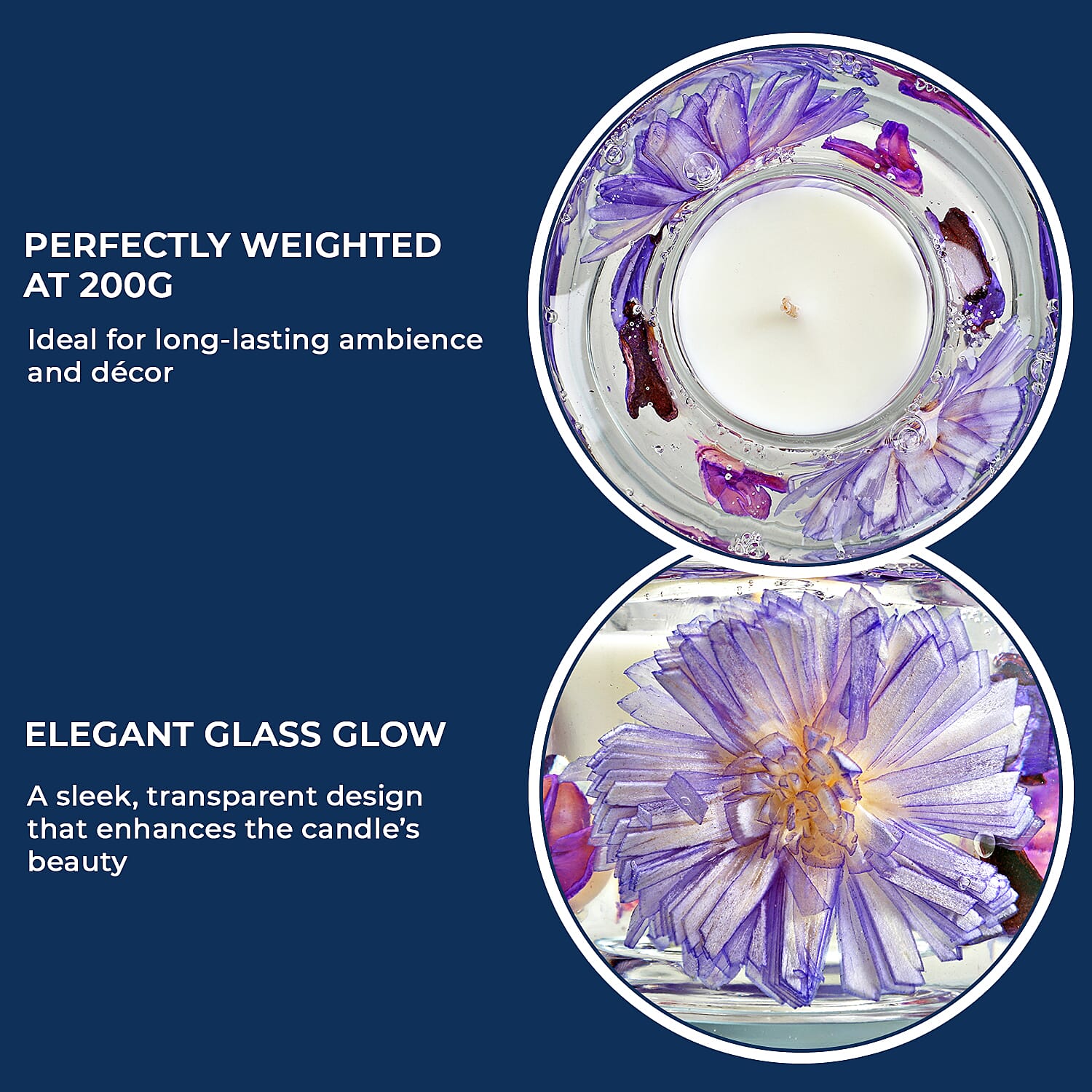 Decorative Gel Candle with Glowing Effect and Embedded Flowers (200gm) - Lavender