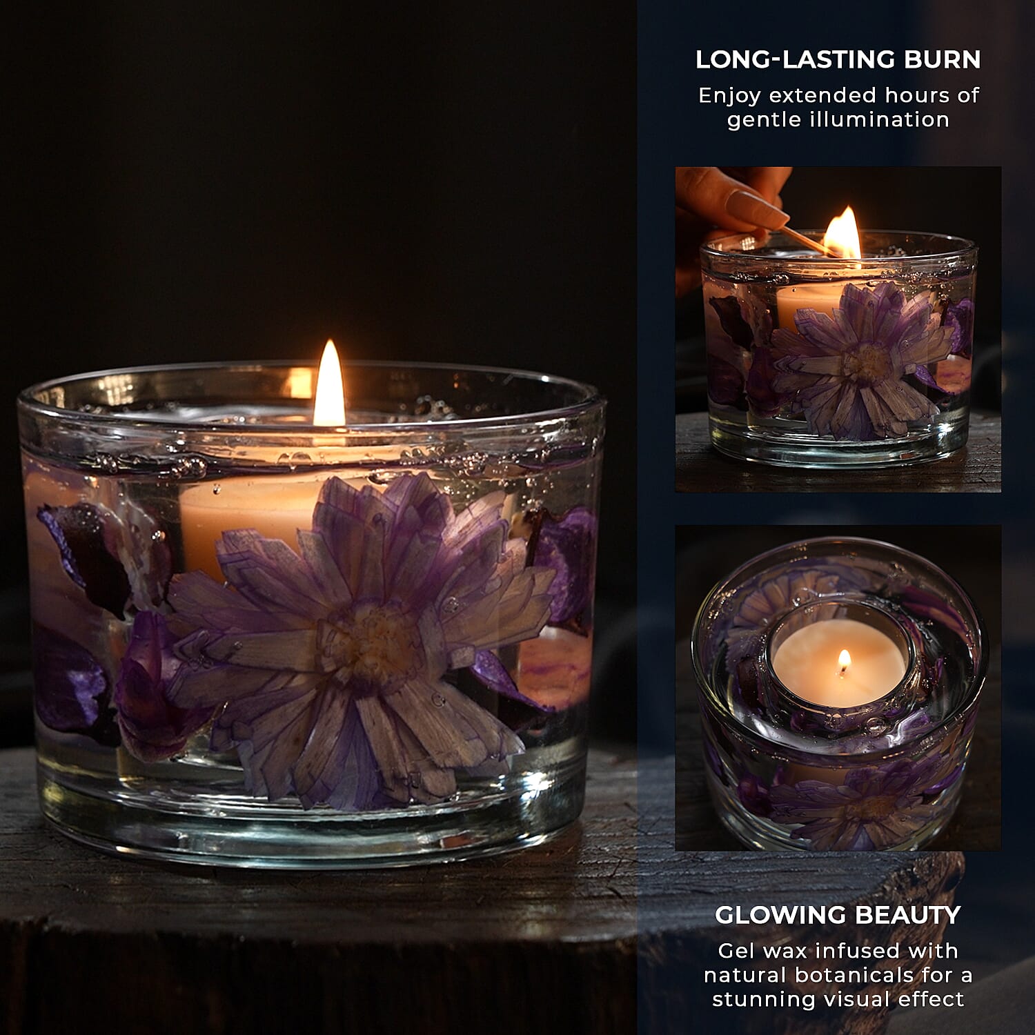 Decorative Gel Candle with Glowing Effect and Embedded Flowers (200gm) - Lavender