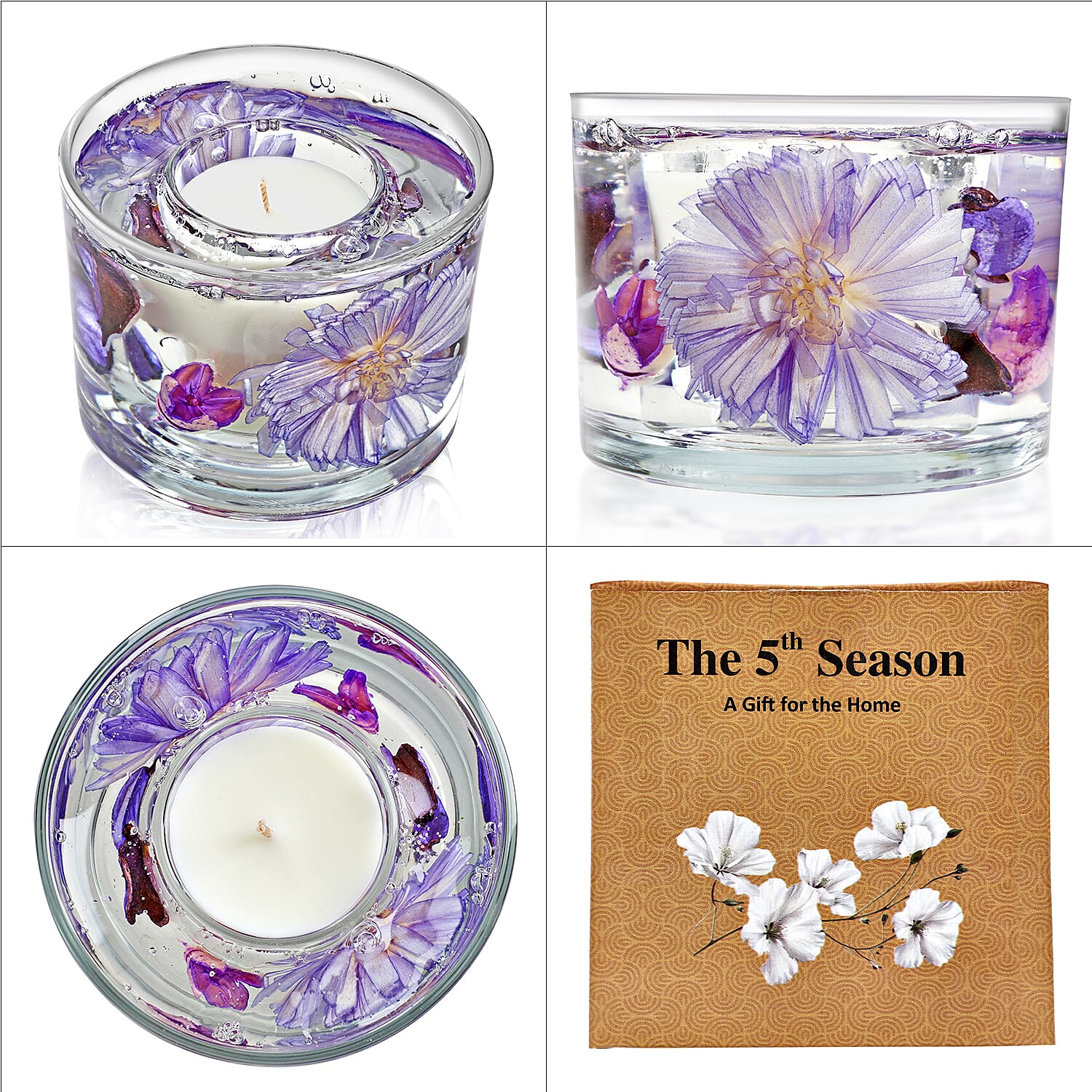 Decorative Gel Candle with Glowing Effect and Embedded Flowers (200gm) - Lavender