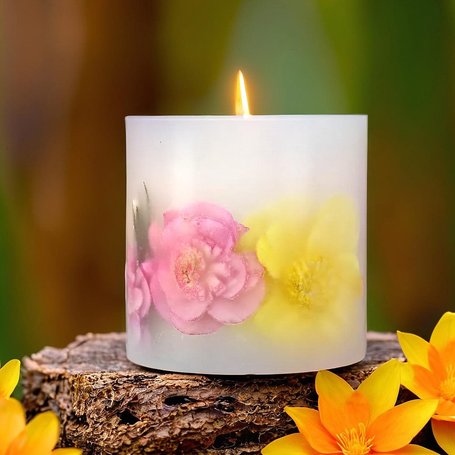Botanical Pillar Candle with Floral Design (440 Gms) - Multi Colour - 440gms (Burn time - 60Hrs)