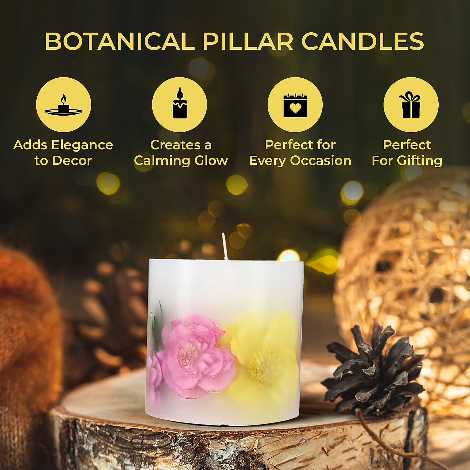 Botanical Pillar Candle with Floral Design (440 Gms) - Multi Colour - 440gms (Burn time - 60Hrs)