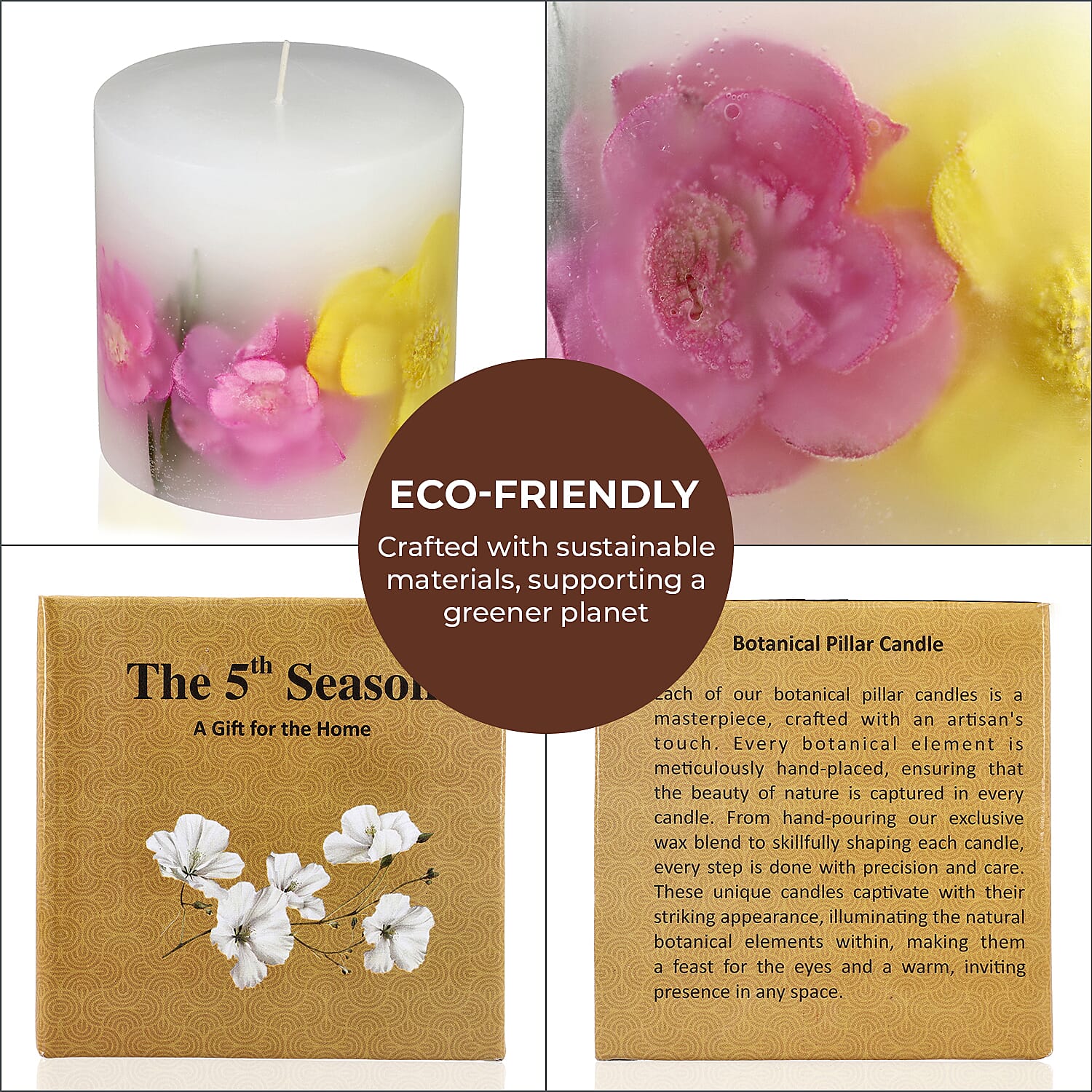 Botanical Pillar Candle with Floral Design (440 Gms) - Multi Colour - 440gms (Burn time - 60Hrs)