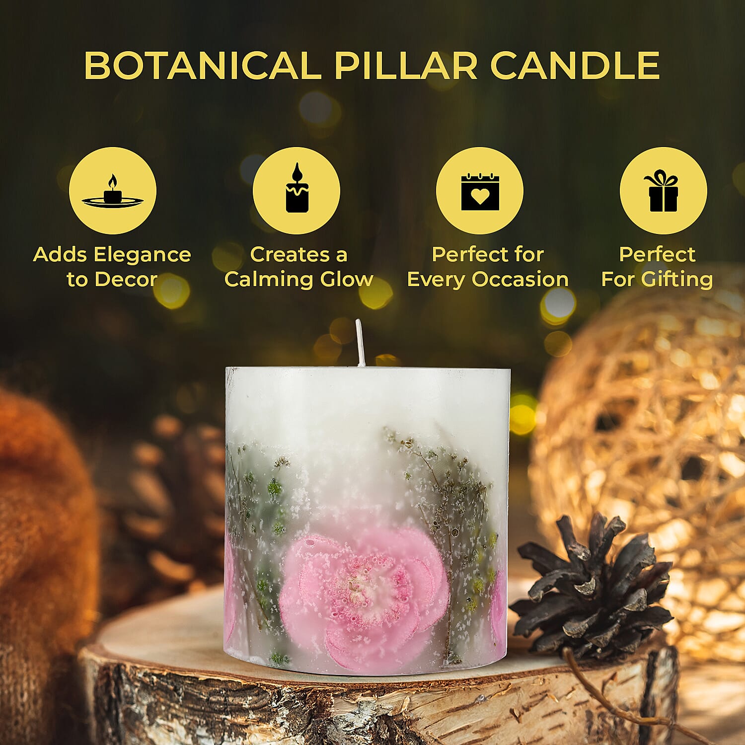 Botanical Pillar Candles with floral design (440 Gms) - Multi Color