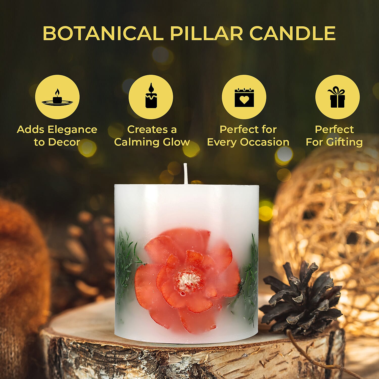 Botanical Pillar Candles with floral design (440 Gms) - Multi Color