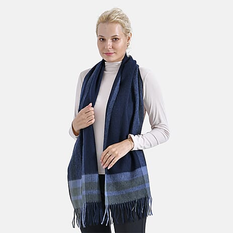 100% Wool Plaid Pattern Tassel Scarf (Size 160x30 cm)- Blue