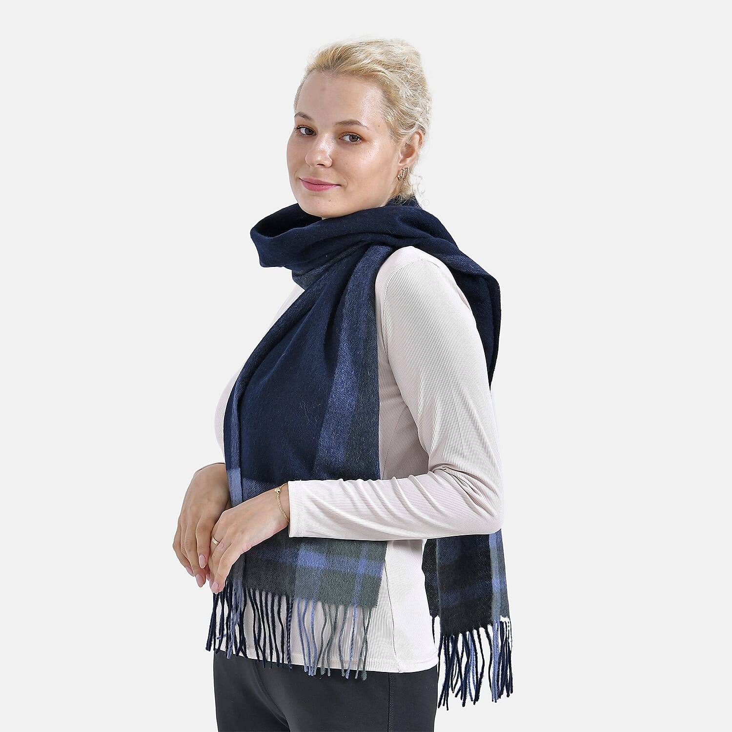100% Wool Plaid Pattern Tassel Scarf (Size 160x30 cm)- Blue