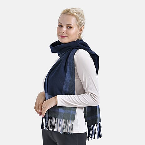 100% Wool Plaid Pattern Tassel Scarf (Size 160x30 cm)- Blue