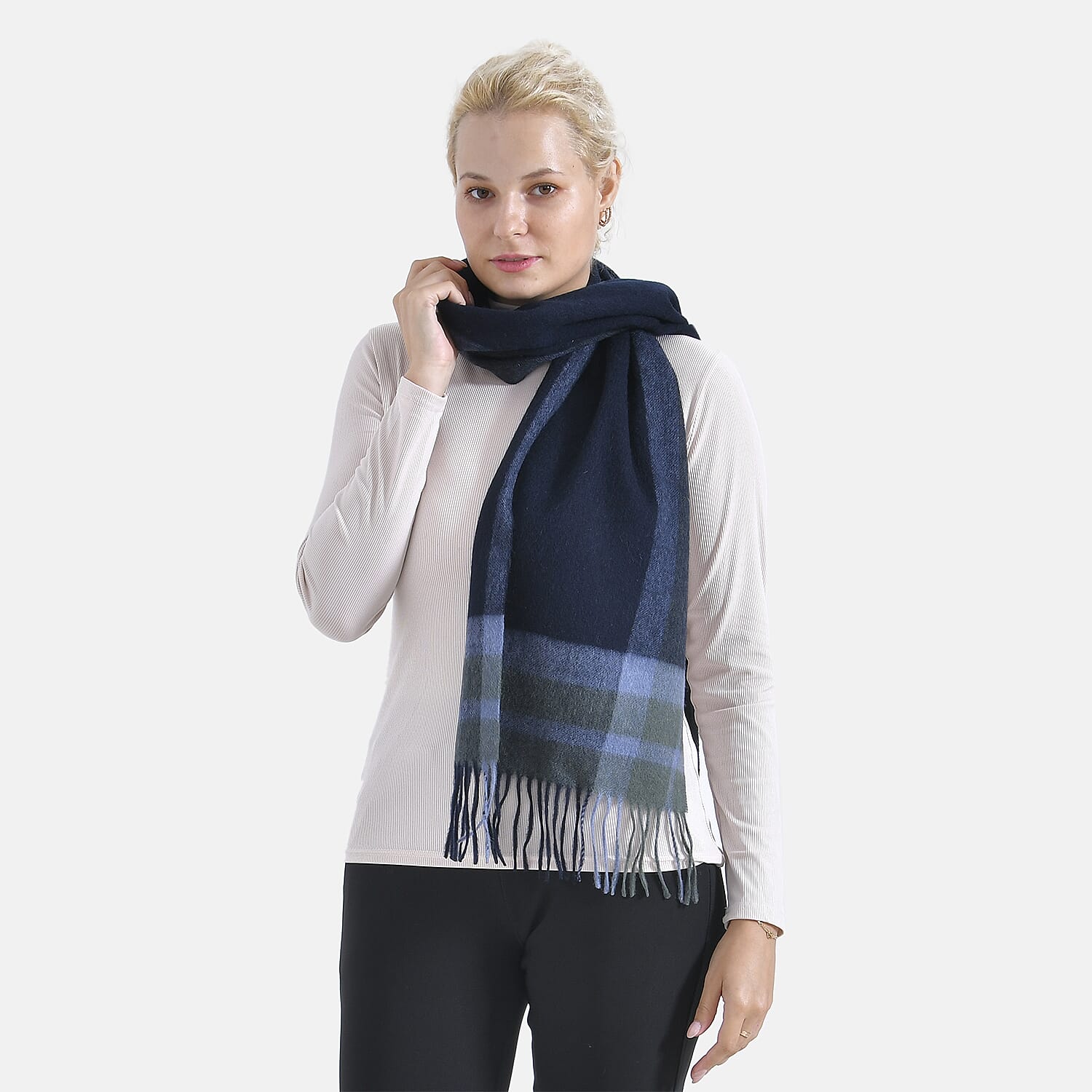 100% Wool Plaid Pattern Tassel Scarf (Size 160x30 cm)- Blue