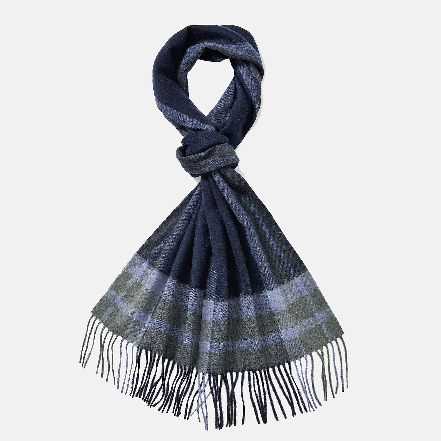 100% Wool Plaid Pattern Tassel Scarf (Size 160x30 cm)- Blue