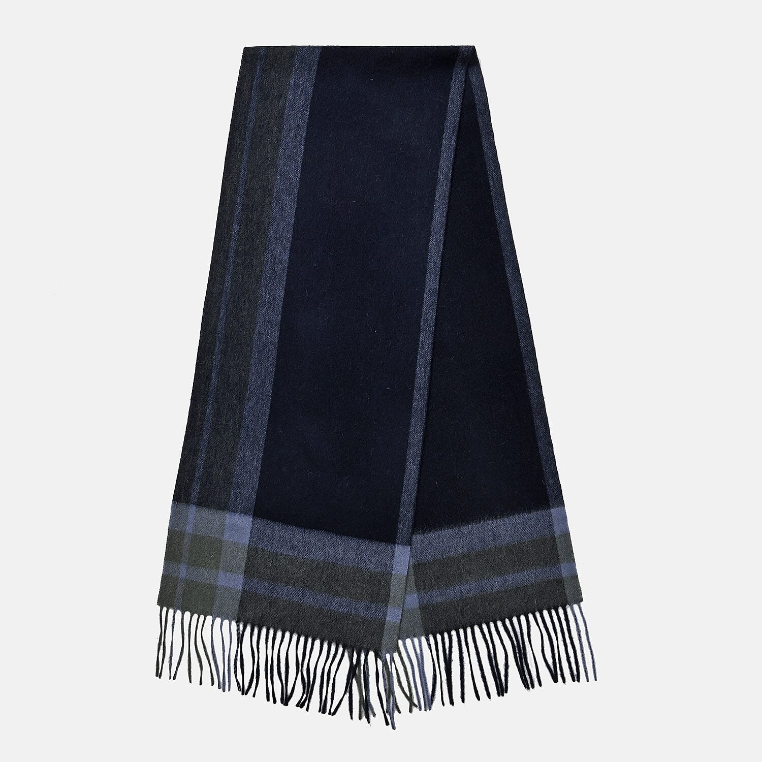 100% Wool Plaid Pattern Tassel Scarf (Size 160x30 cm)- Blue