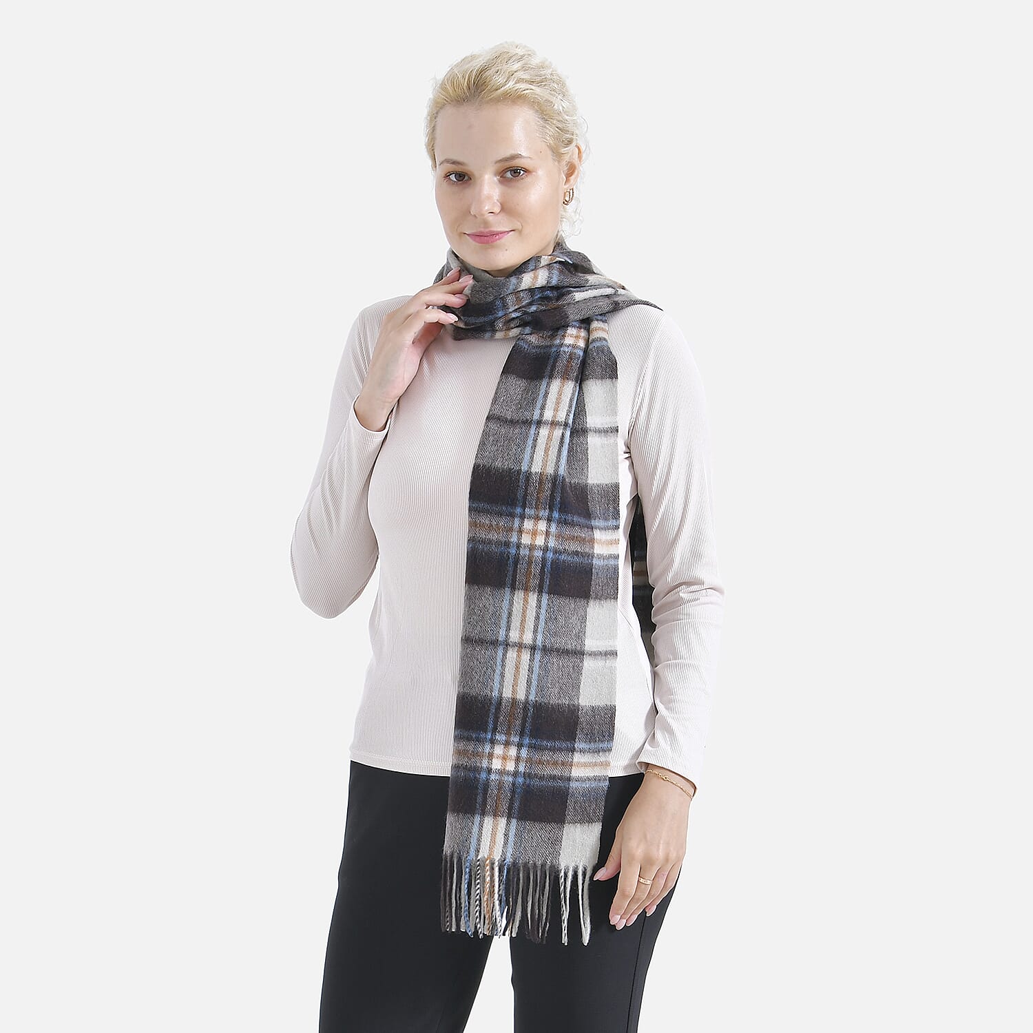 100% Wool Plaid Pattern Tassel Scarf (Size 160x30 cm) - Grey