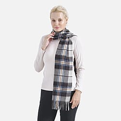 100% Wool Plaid Pattern Tassel Scarf (Size 160x30 cm) - Grey