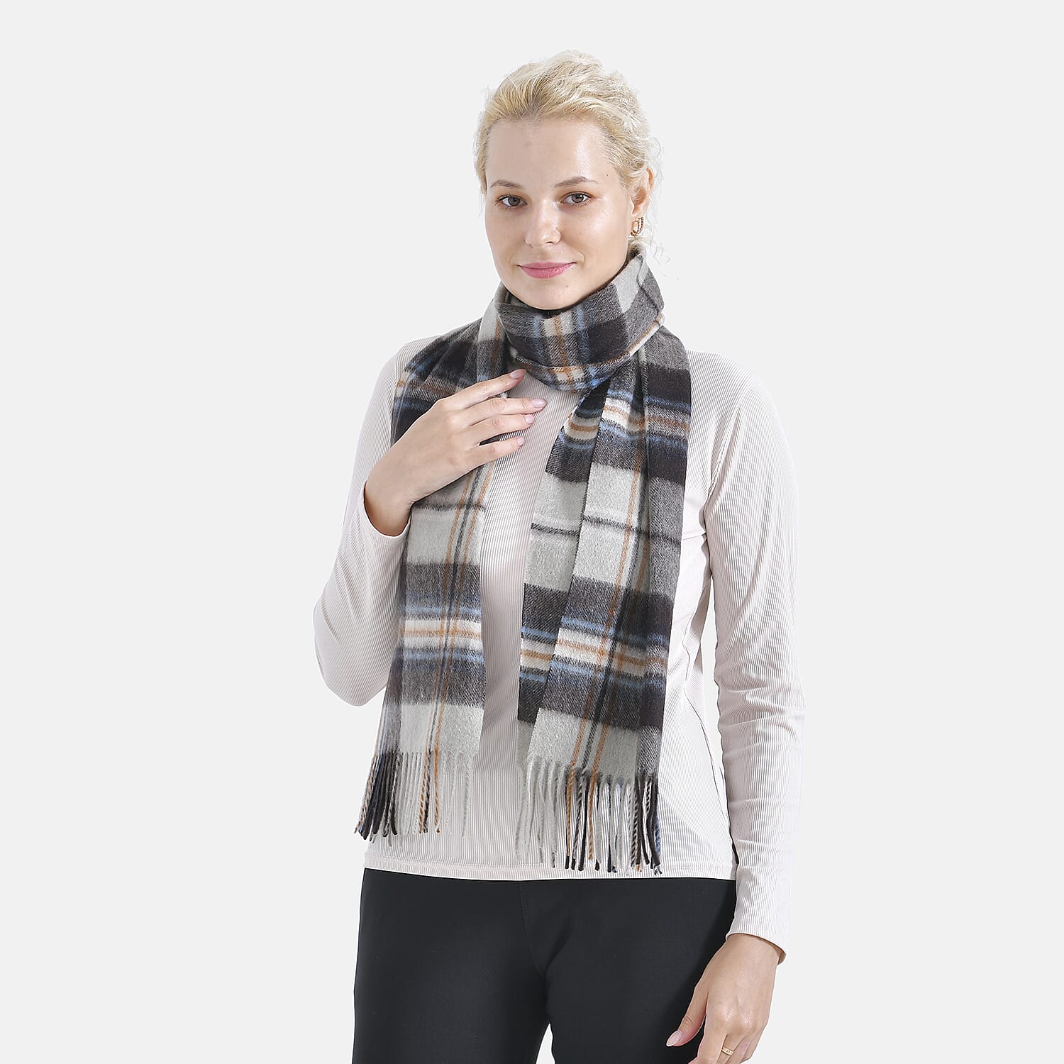 100% Wool Plaid Pattern Tassel Scarf (Size 160x30 cm) - Grey