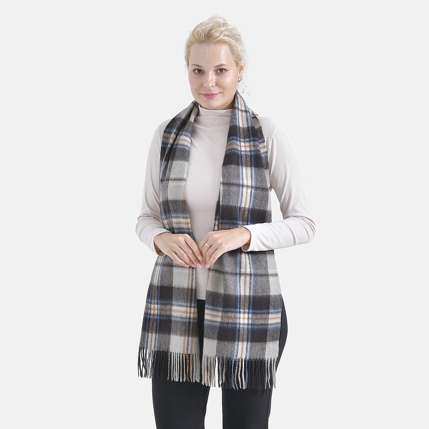 100% Wool Plaid Pattern Tassel Scarf (Size 160x30 cm) - Grey