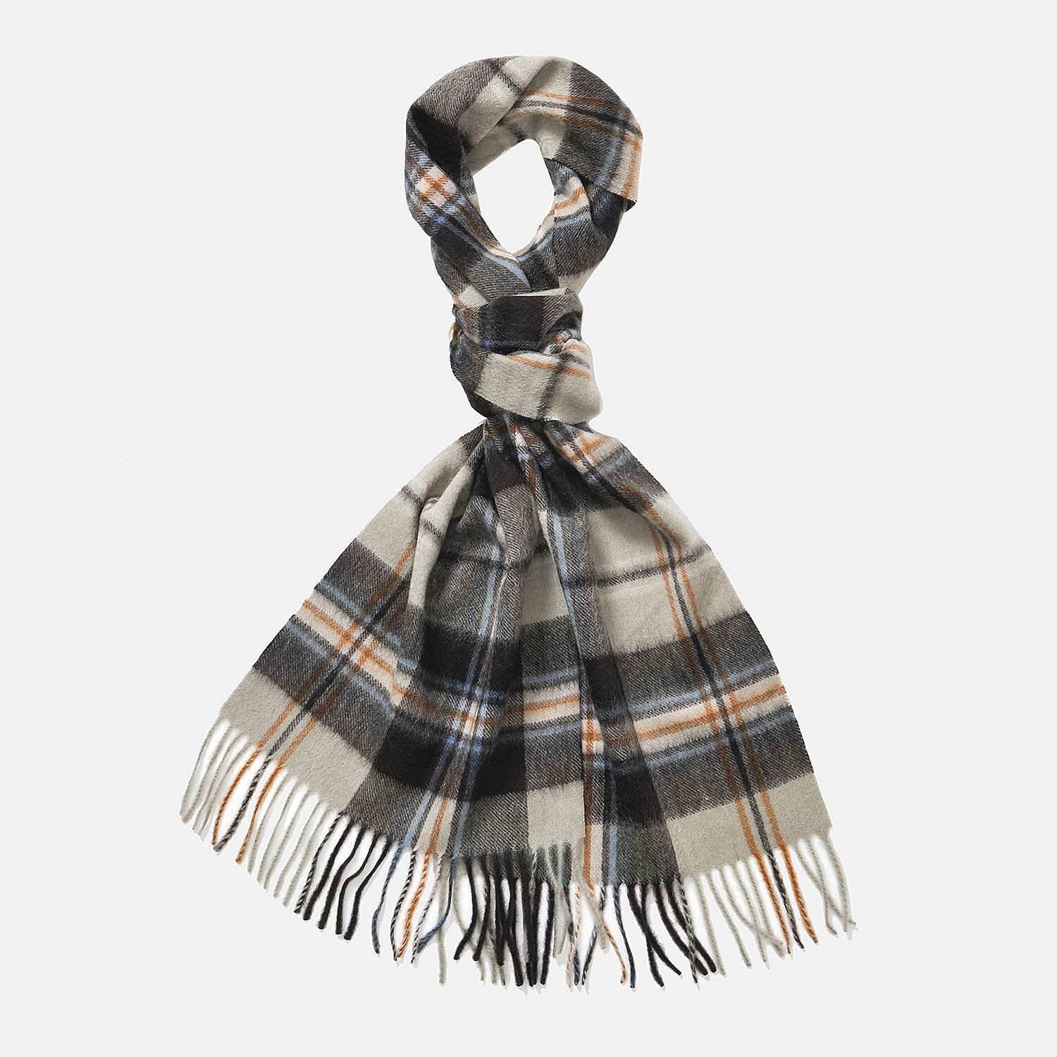 100% Wool Plaid Pattern Tassel Scarf (Size 160x30 cm) - Grey