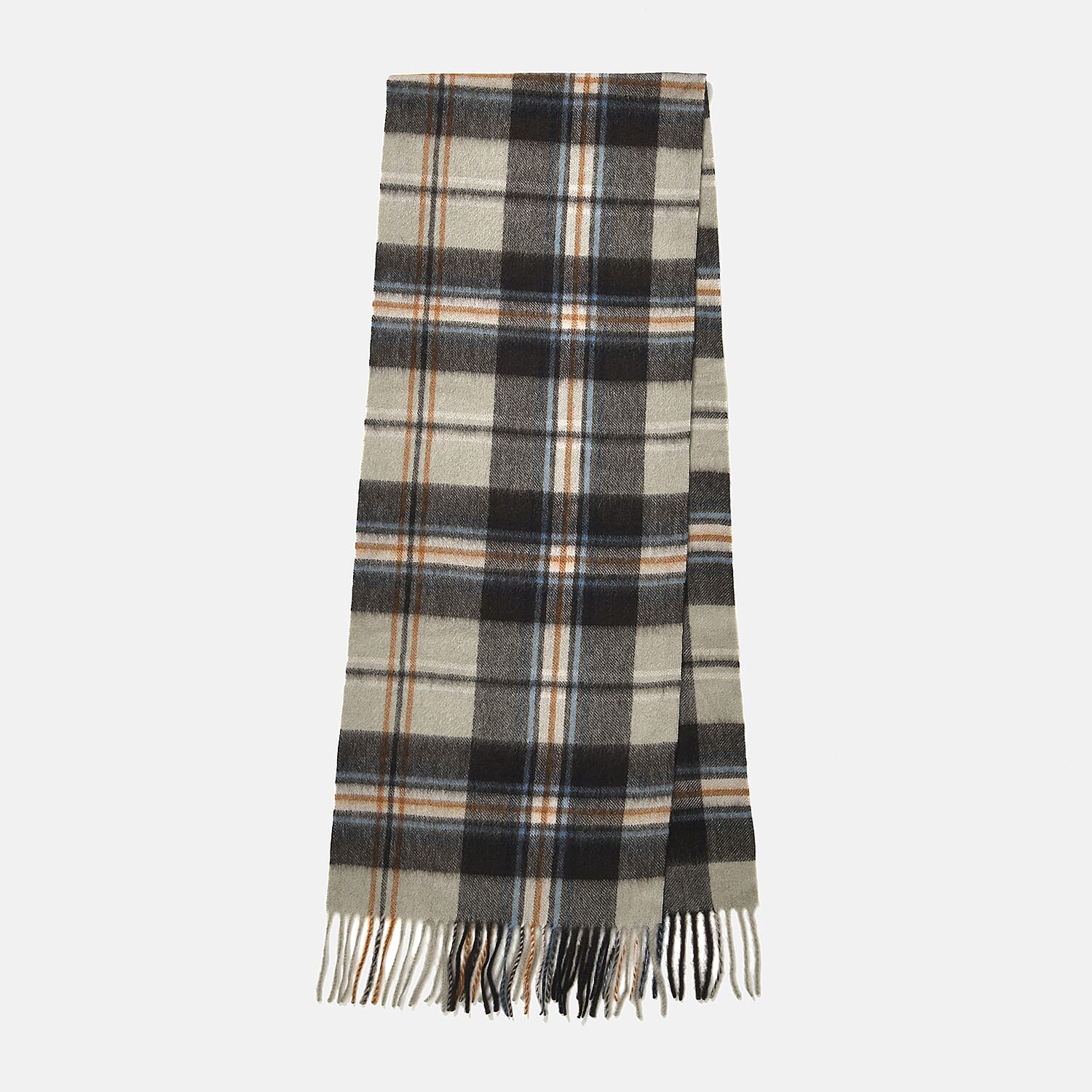 100% Wool Plaid Pattern Tassel Scarf (Size 160x30 cm) - Grey