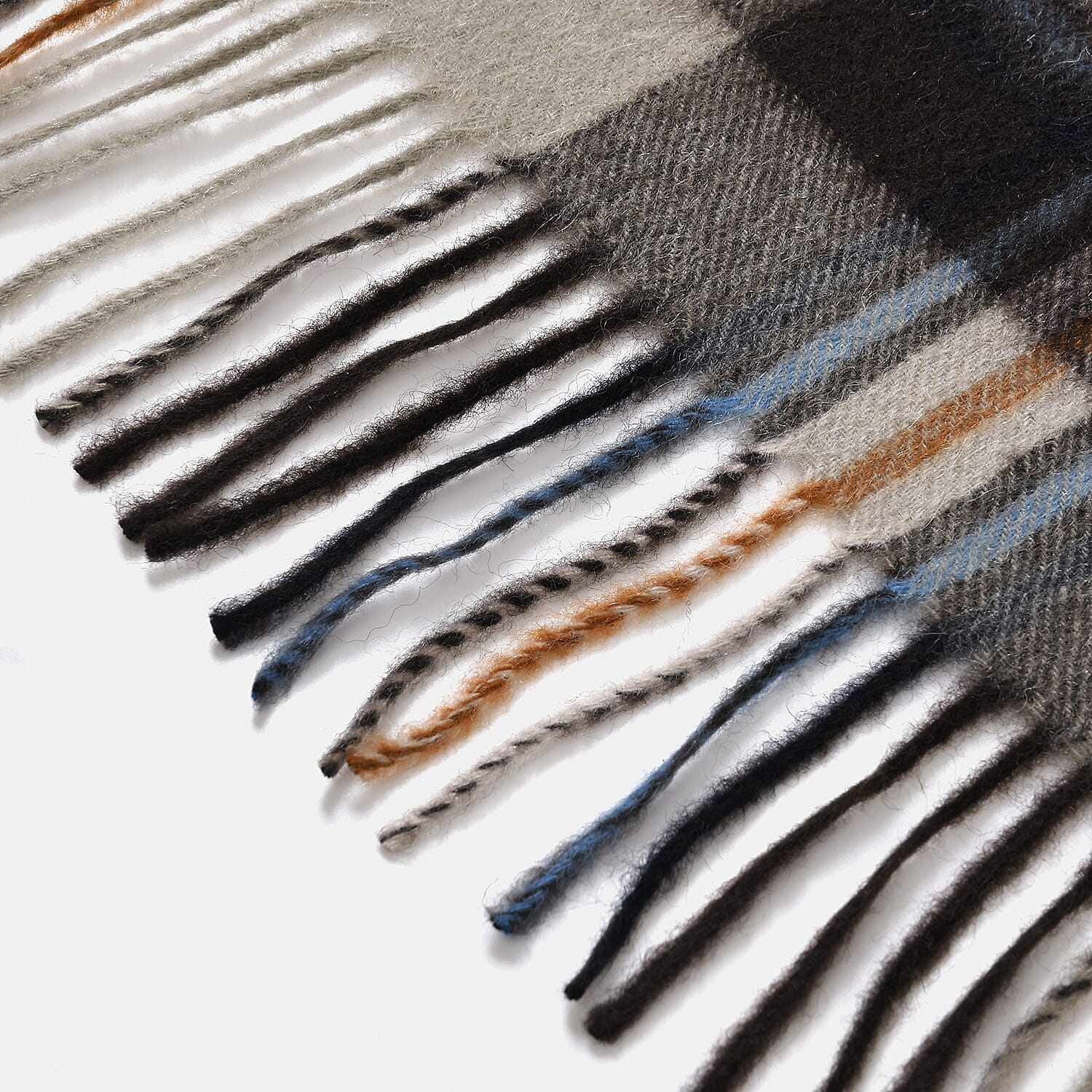 100% Wool Plaid Pattern Tassel Scarf (Size 160x30 cm) - Grey