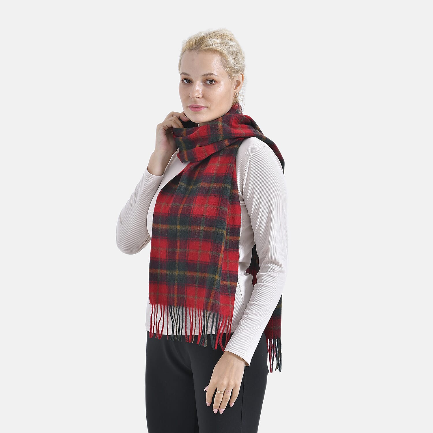 100% Wool Plaid Pattern Tassel Scarf (Size 160x30 cm) - Red