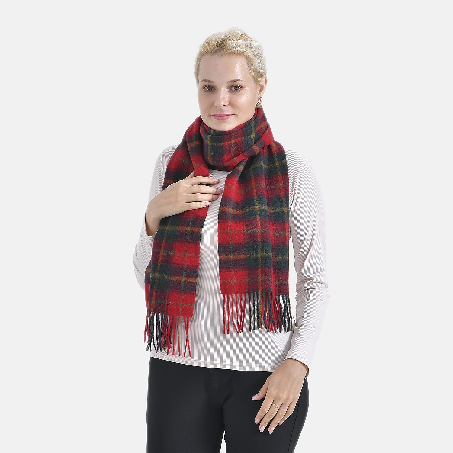 100% Wool Plaid Pattern Tassel Scarf (Size 160x30 cm) - Red