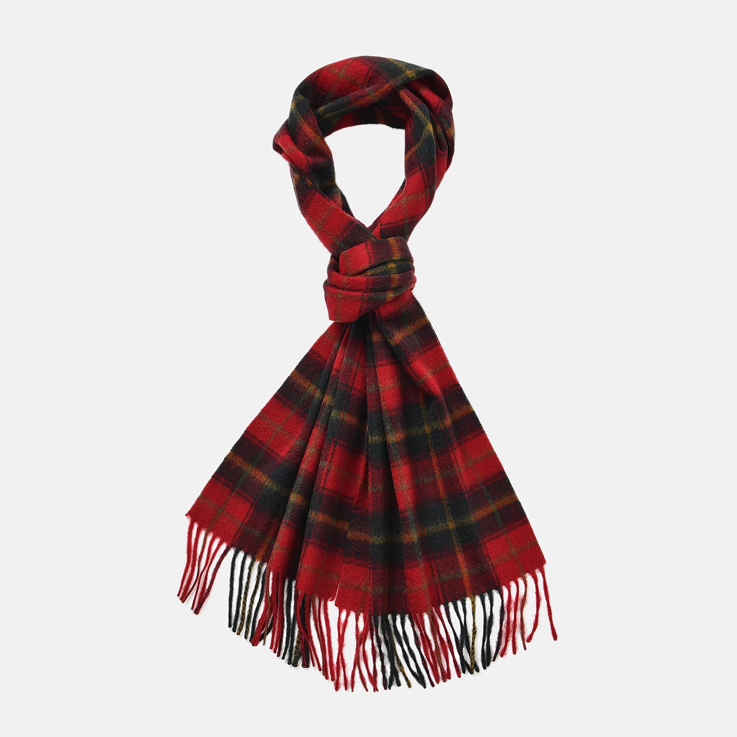 100% Wool Plaid Pattern Tassel Scarf (Size 160x30 cm) - Red