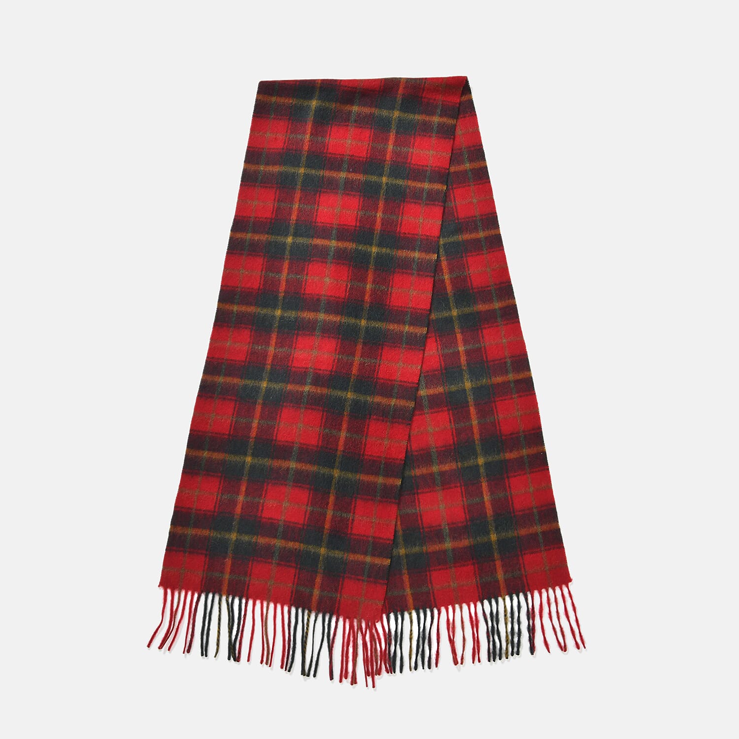 100% Wool Plaid Pattern Tassel Scarf (Size 160x30 cm) - Red