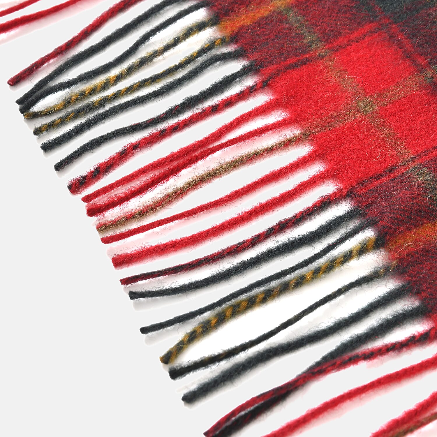 100% Wool Plaid Pattern Tassel Scarf (Size 160x30 cm) - Red