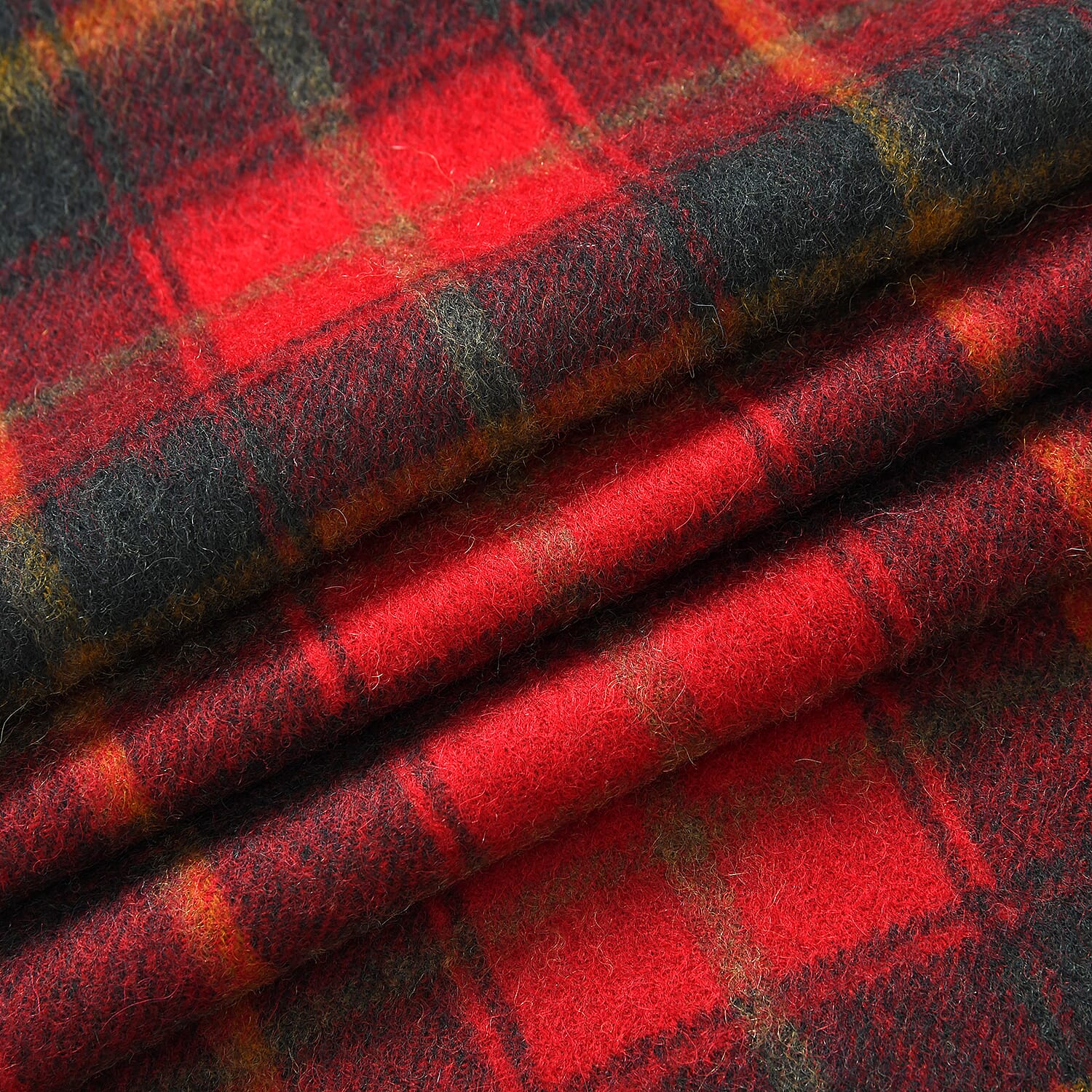 100% Wool Plaid Pattern Tassel Scarf (Size 160x30 cm) - Red