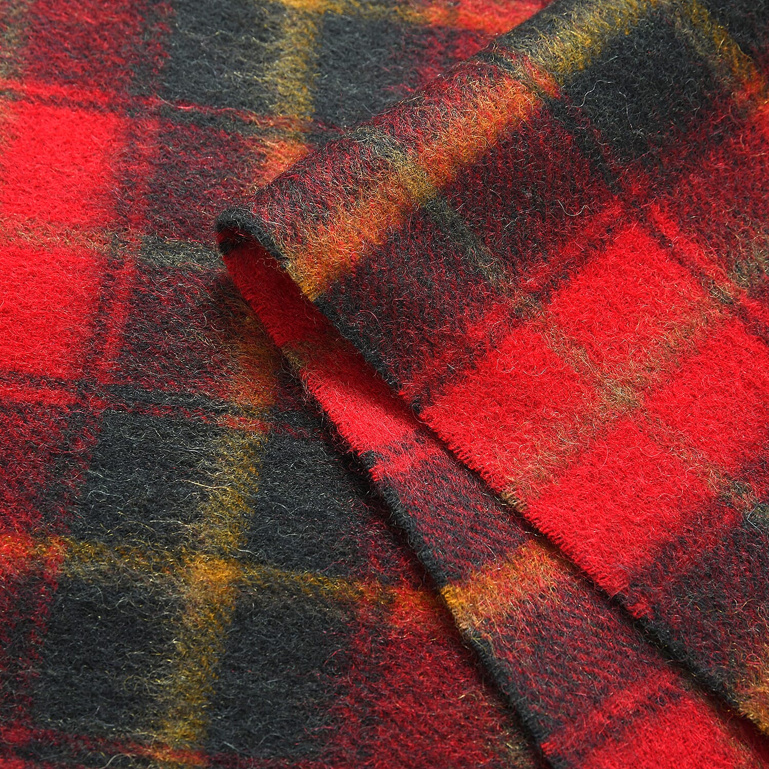 100% Wool Plaid Pattern Tassel Scarf (Size 160x30 cm) - Red