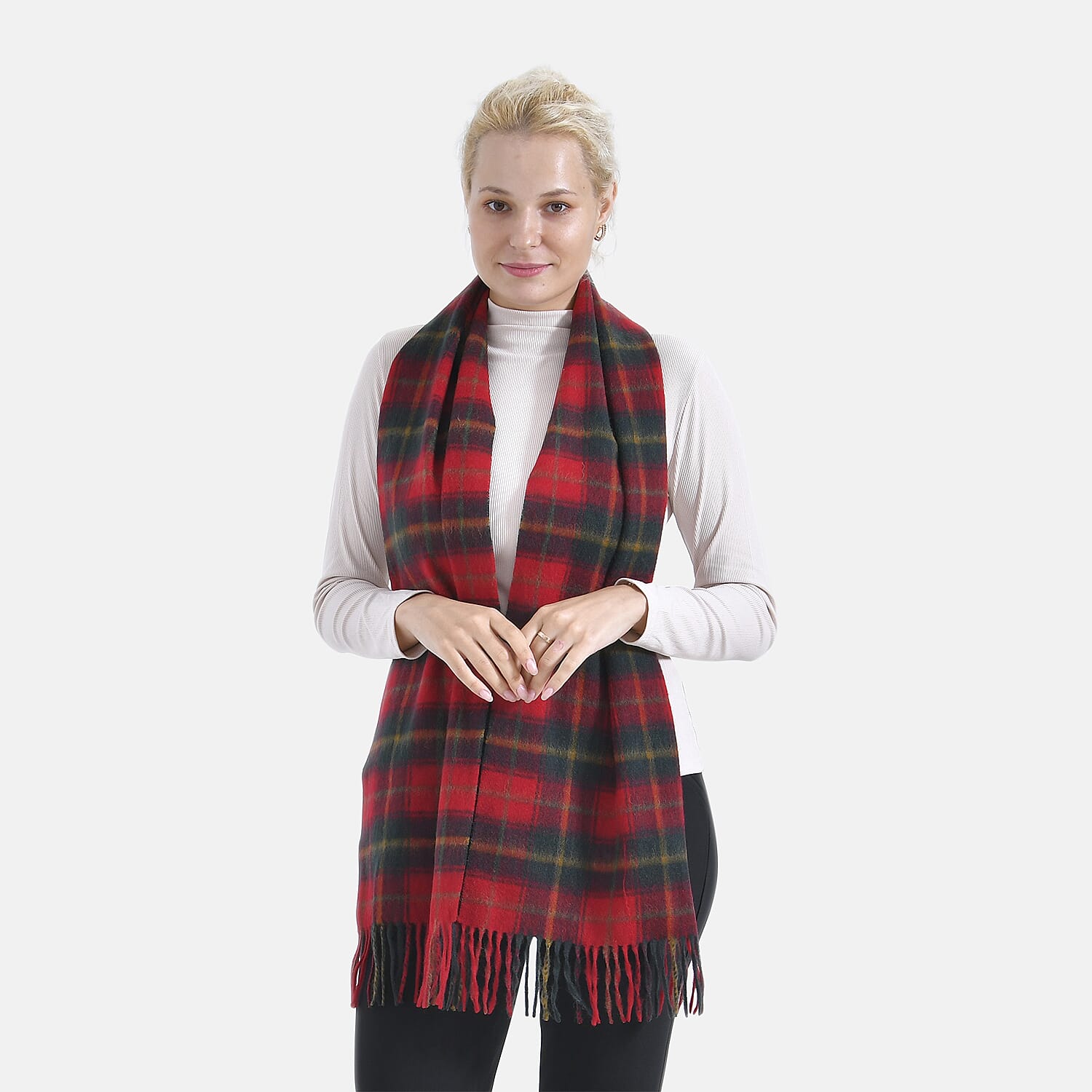 100% Wool Plaid Pattern Tassel Scarf (Size 160x30 cm) - Red