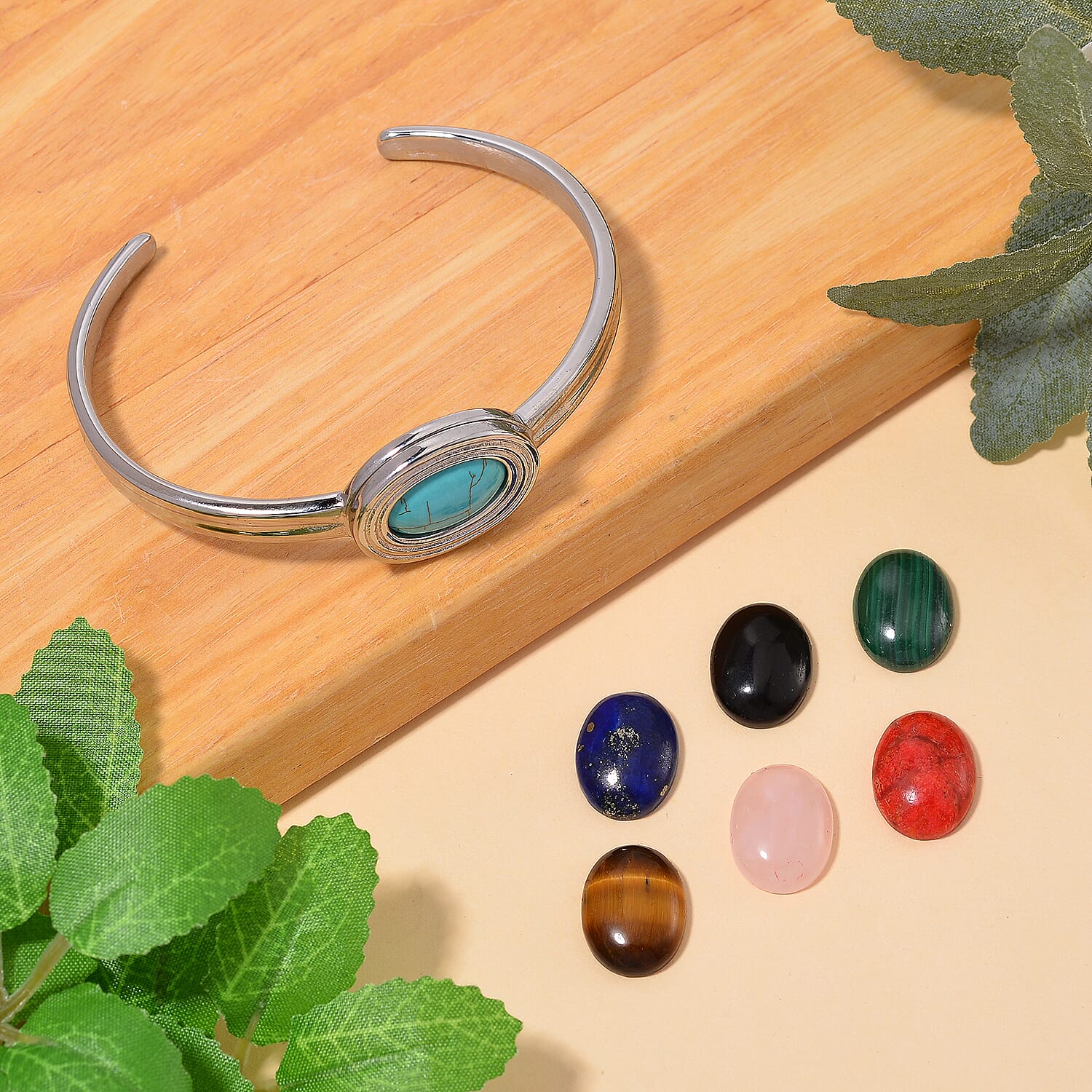 One Time Closeout Deal - Set Of 7 Stones - Interchangeable Multi Gemstone Cuff Bangle (Size - 7) 59.50 Ct.