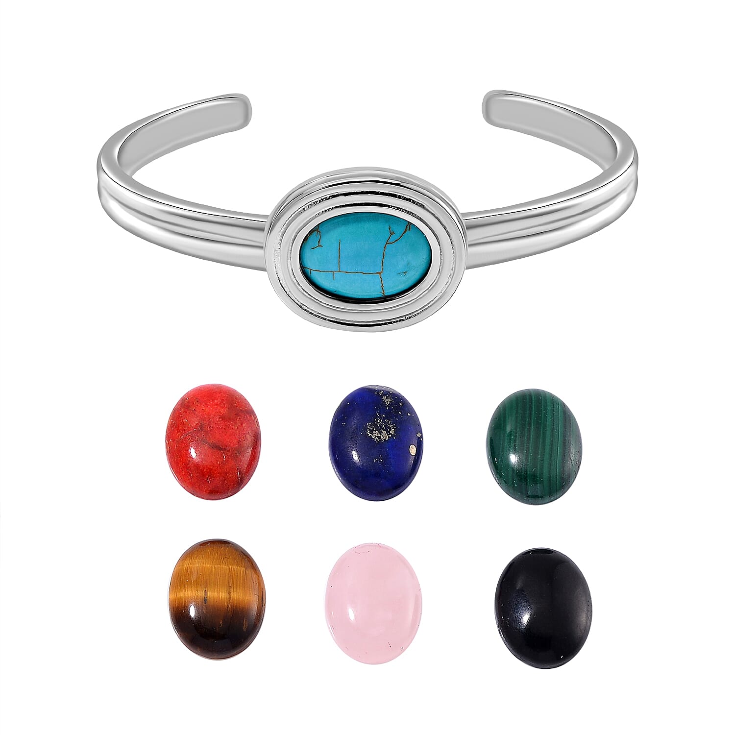 One Time Closeout Deal - Set Of 7 Stones - Interchangeable Multi Gemstone Cuff Bangle (Size - 7) 59.50 Ct.