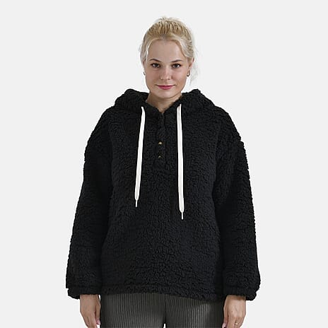La Marey Plush Hoodie with Buttons (Size M) - Black
