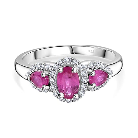 Gemfields Montepuez Ruby ,  White Zircon  Main Stone With Side Stone Ring in rhodium Sterling Silver 1.78 ct