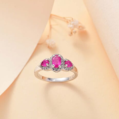 Gemfields Montepuez Ruby ,  White Zircon  Main Stone With Side Stone Ring in rhodium Sterling Silver 1.78 ct