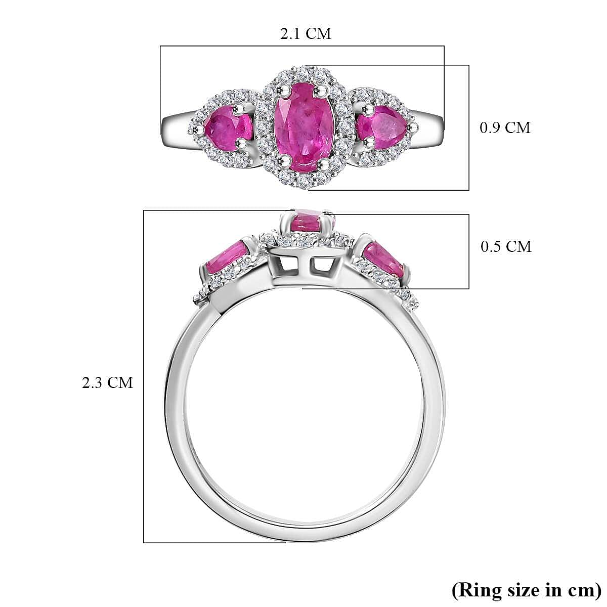 Gemfields Montepuez Ruby , White Zircon Main Stone With Side Stone Ring in rhodium Sterling Silver 1.78 ct Gemfields Montepuez Ruby , White Zircon Main Stone With Side Stone Ring in rhodium Sterling Silver 1.78 ct