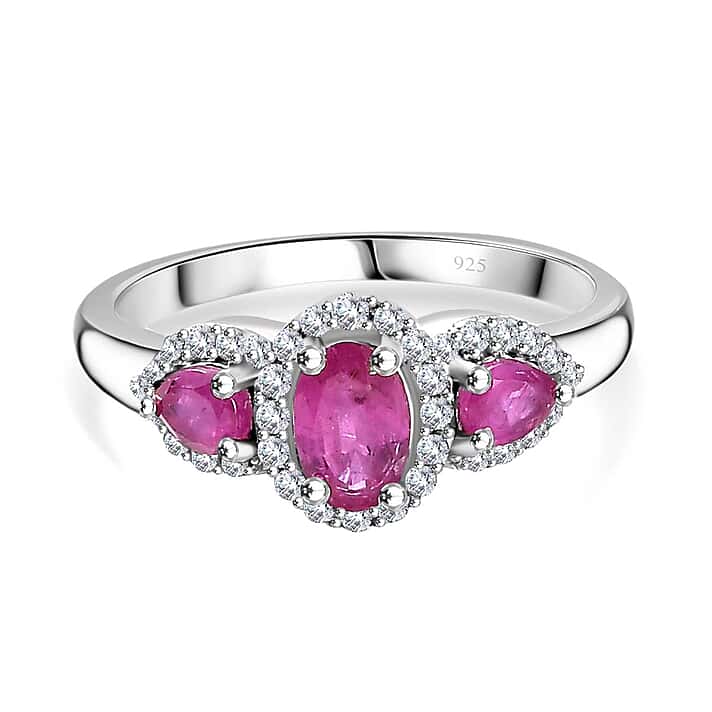 Mozambique Ruby, White Zircon Ring in Rhodium Overlay Sterling Silver