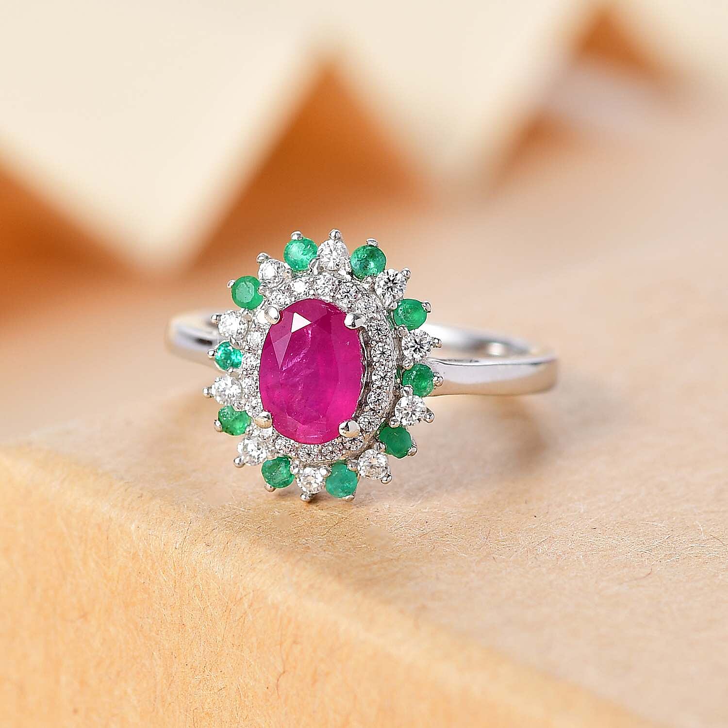 Gemfields Montepuez Ruby, Emerald & Moissanite Solitaire Ring in Rhodium Overlay Sterling Silver 1.63 Ct.