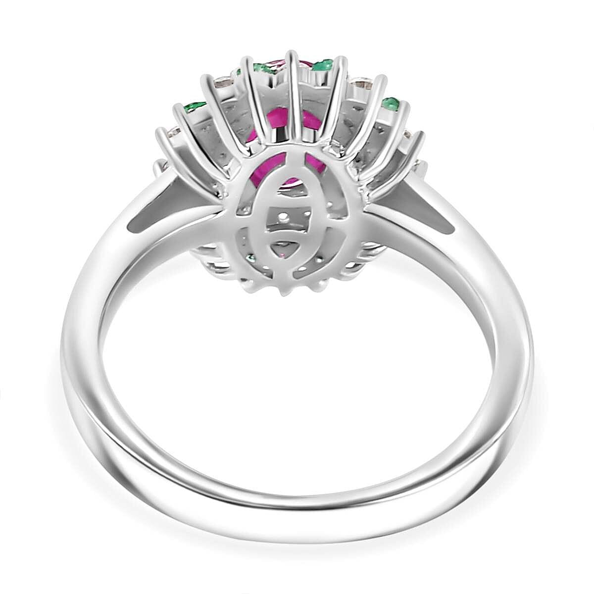 Gemfields Montepuez Ruby, Emerald & Moissanite Solitaire Ring in Rhodium Overlay Sterling Silver 1.63 Ct.
