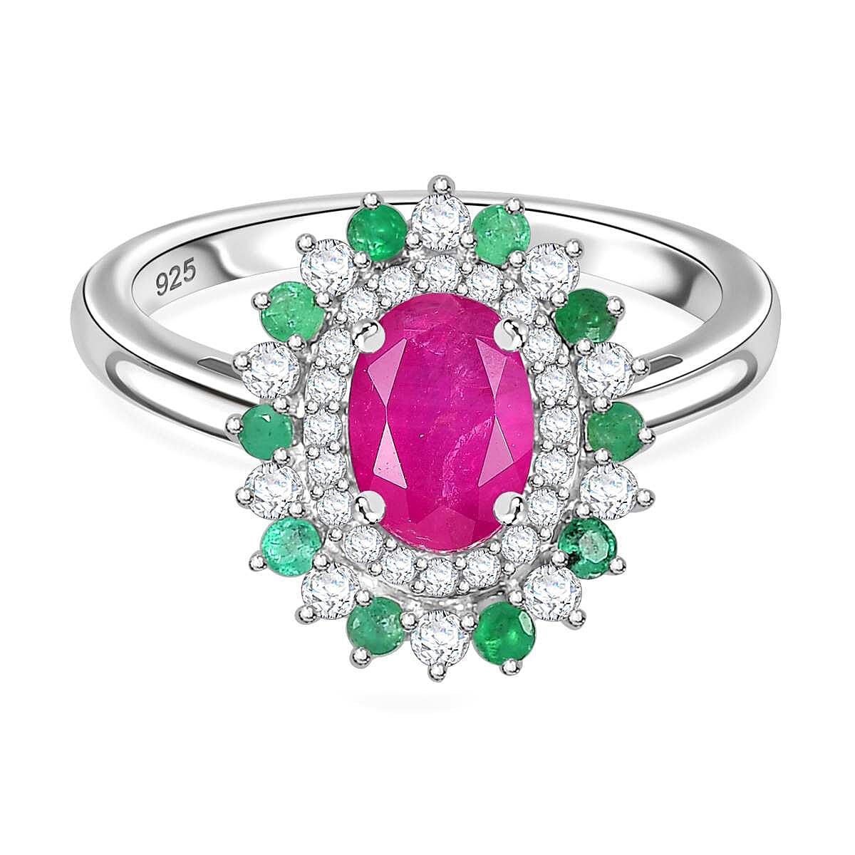 Gemfields Montepuez Ruby, Emerald, Moissanite Halo Ring in Rhodium Overlay Sterling Silver 1.85 ct